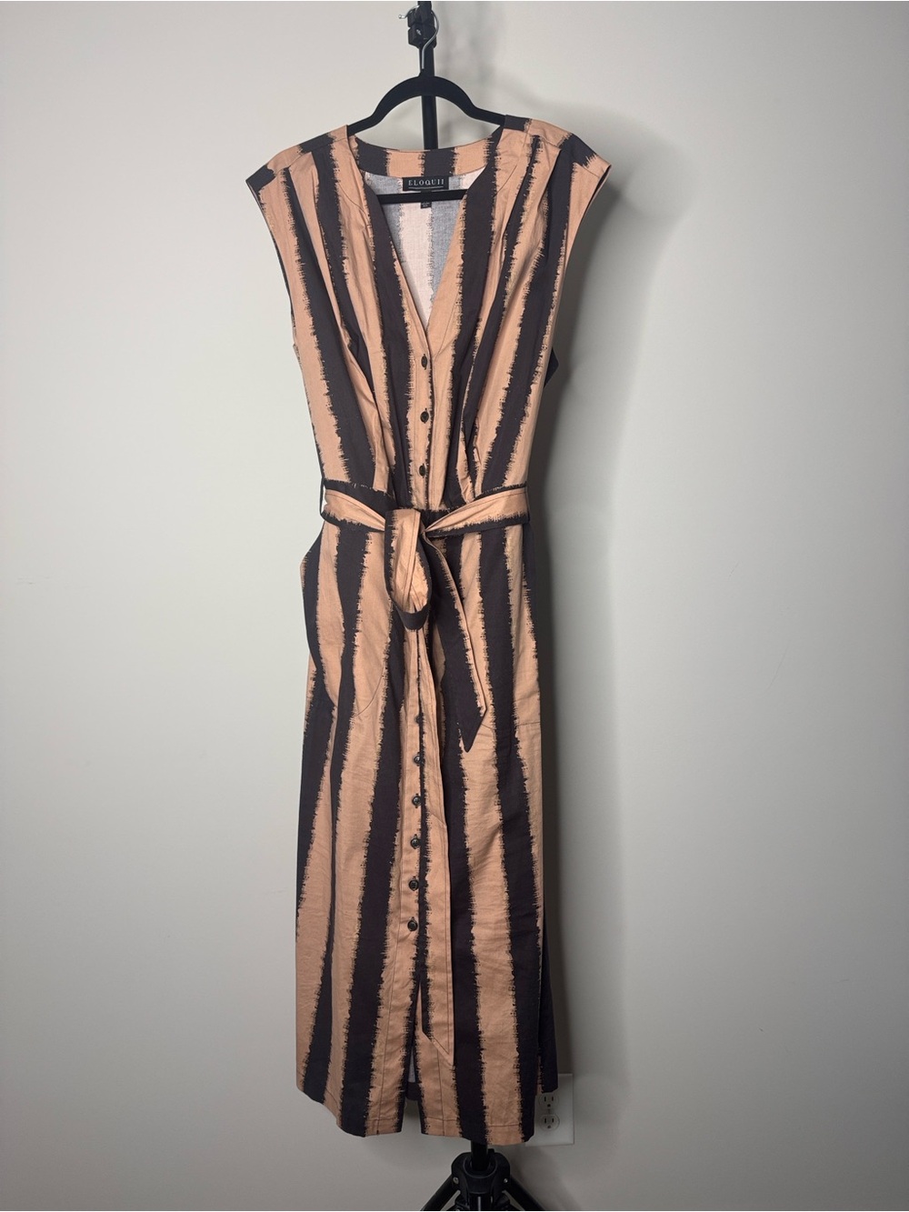 Eloquii Camel & Brown Striped Button-Front Midi Dress Sz 18 Feminine Cottagecore